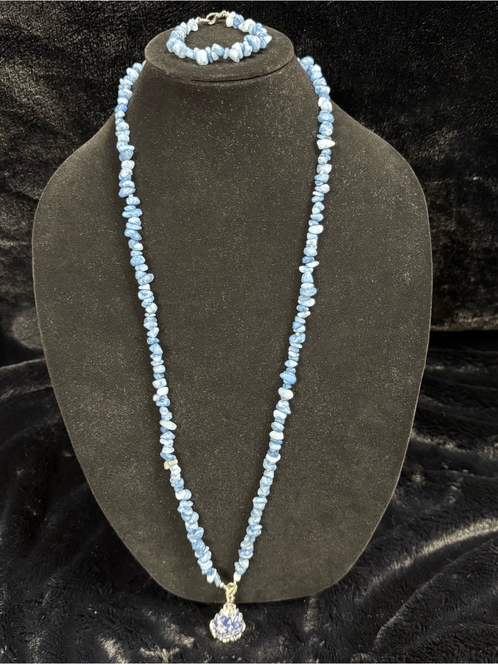 Handmade Light Blue Chip Bead Necklace with Pendant
